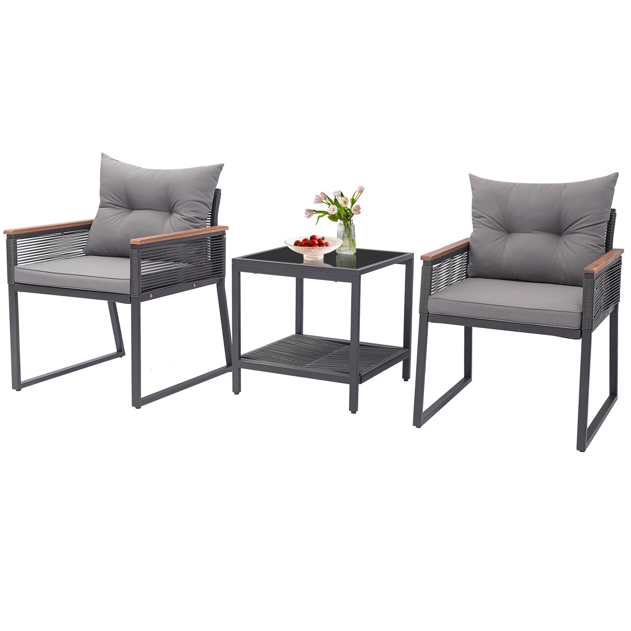 3 Pieces Patio Furniture Set with 2 Tier Coffee Table and Soft Seat Cushions-Grey